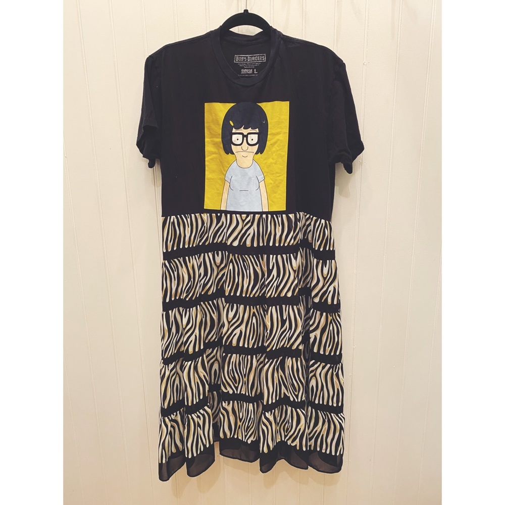 SOLD Upcycled Tina Belcher T-shirt paired w/ Alfred Dunner zebra chiffon Skirt